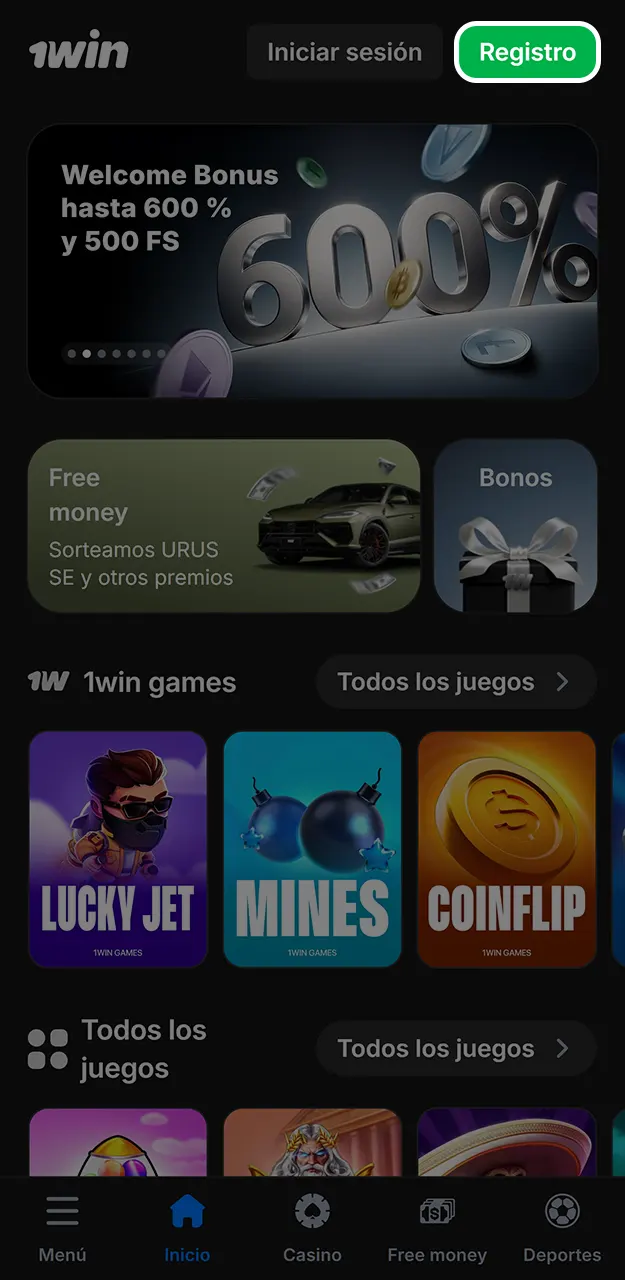 Crea una nueva cuenta para activar el bono en 1win.