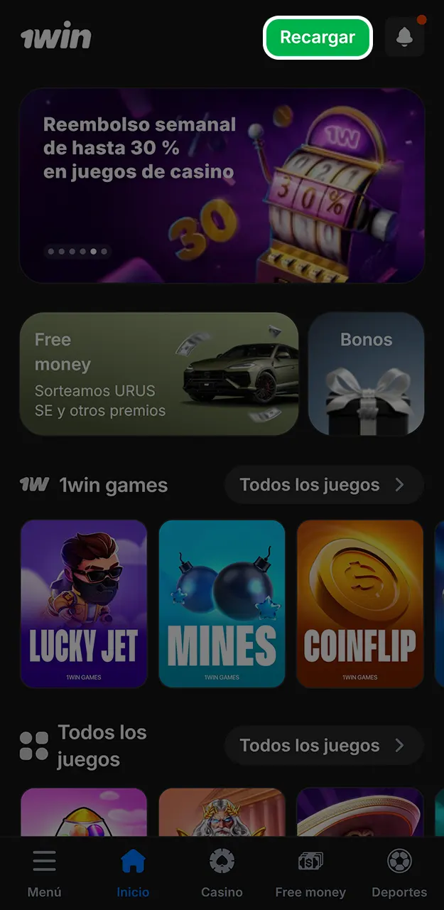 Recarga tu saldo para jugar al Plinko en 1win.
